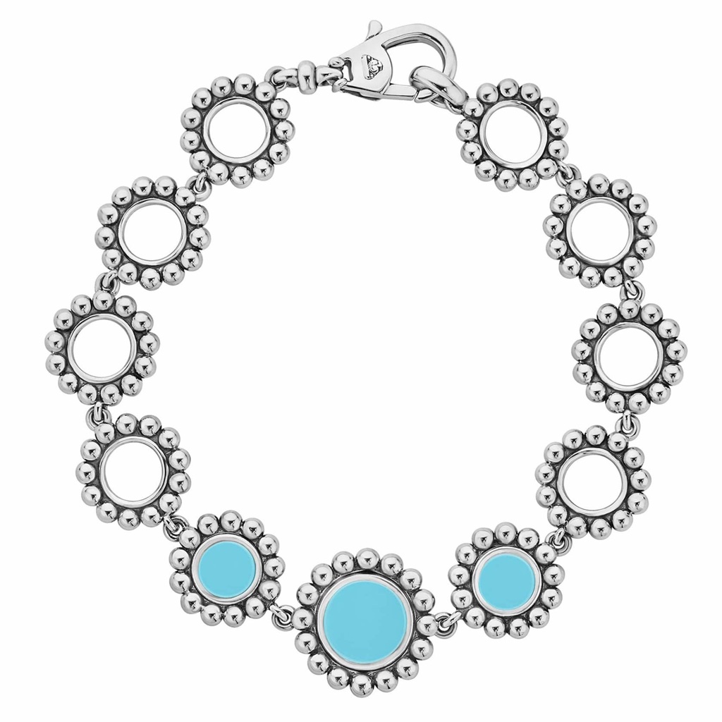 Lagos Sterling Silver Maya Blue Ceramic Link Station Bracelet Size Medium M 7 525$